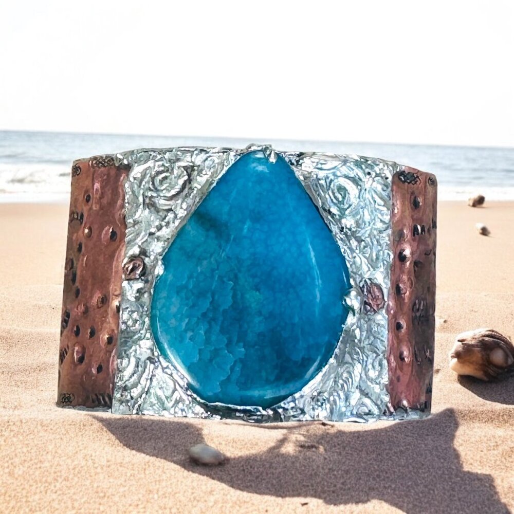 Rustic Copper & Silver Hammered Cuff Bracelet W/ Blue Agate Teardrop Gemstone - Picture 3 of 13